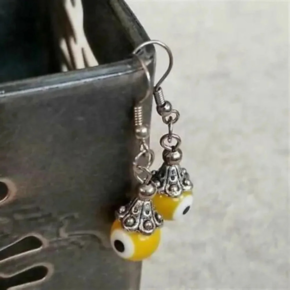 Evil Eye Yellow Lampwork Glass Beads Protective Talisman Drop Earrings - Picture 1 of 5